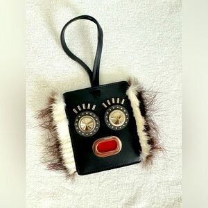 NEW Fendi Monster Face Cute Black Leather Luggage Tag AUTHENTIC